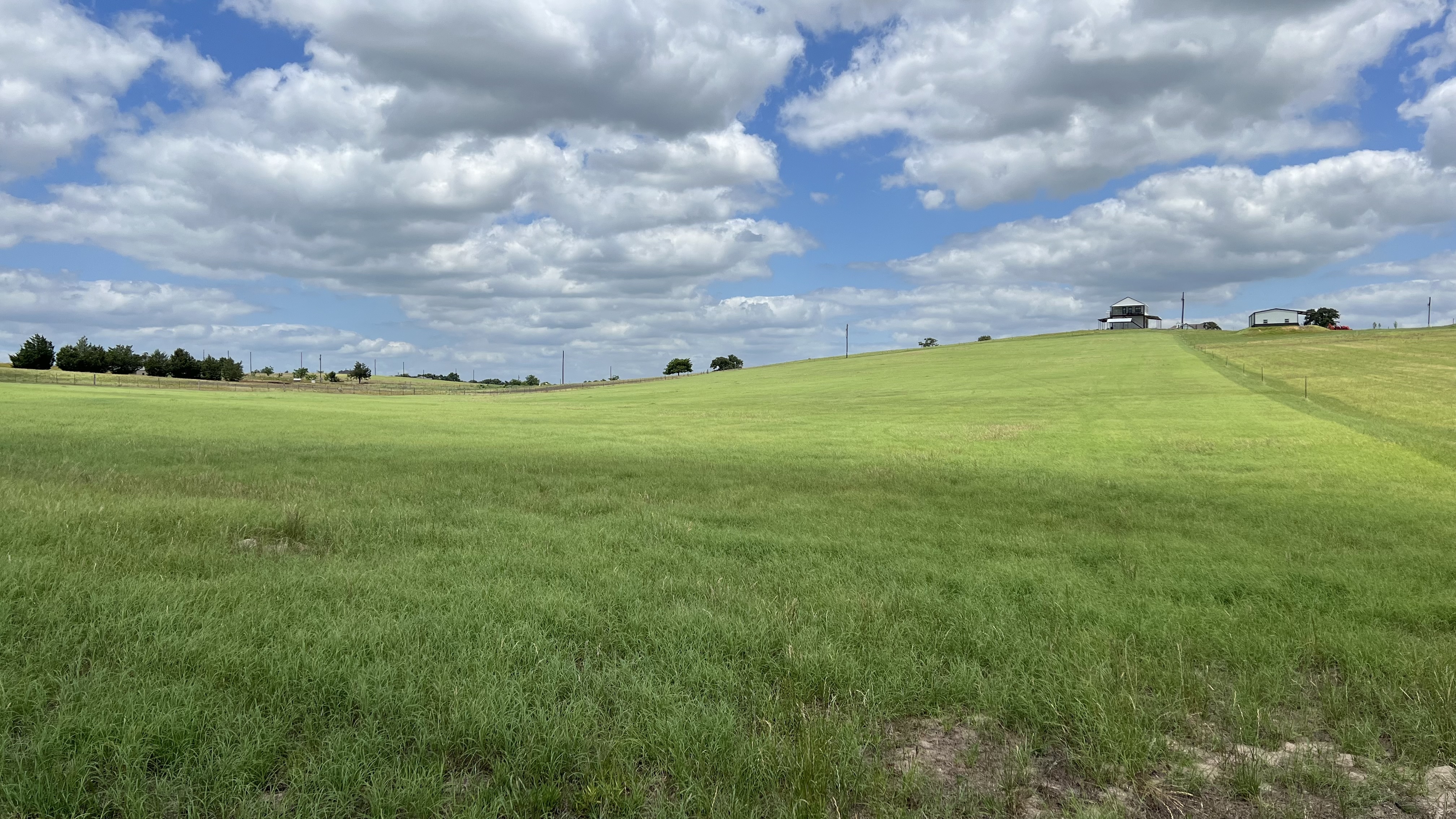 Rolling pasture with fence line and neighbors in the distance